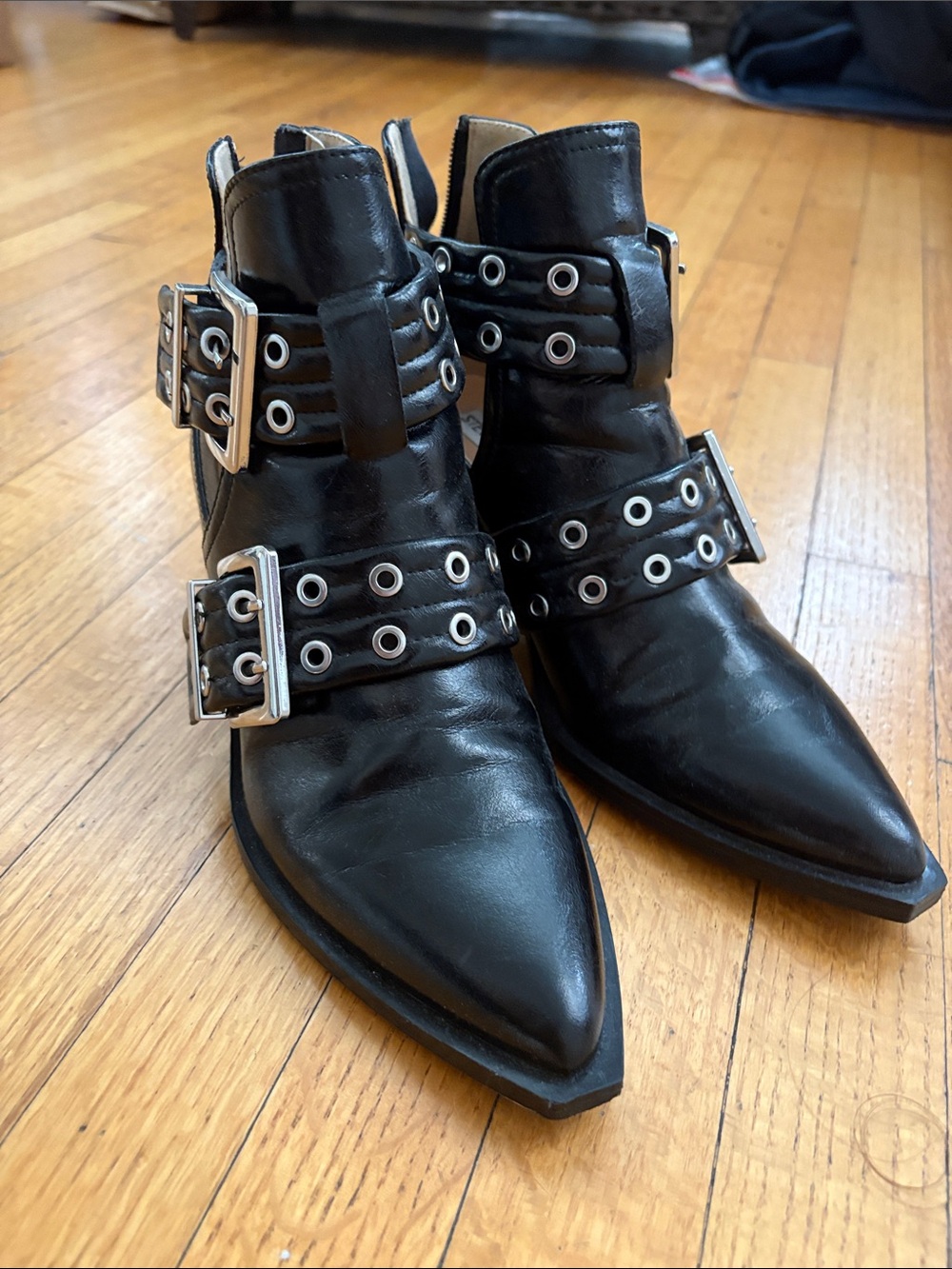 Steve Madden Black Pointed Leather Buckle Ankle Booties